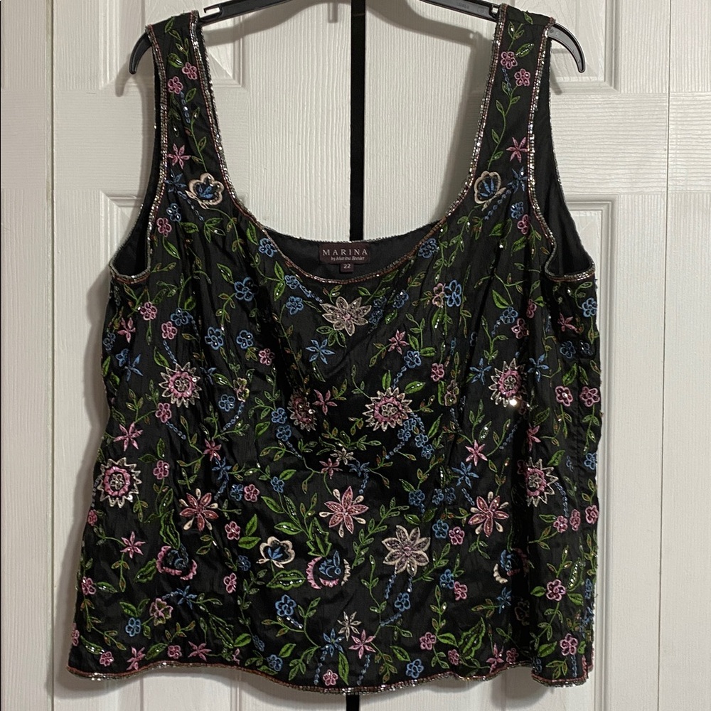 MARINA Black Beaded Floral Sleeveless Top